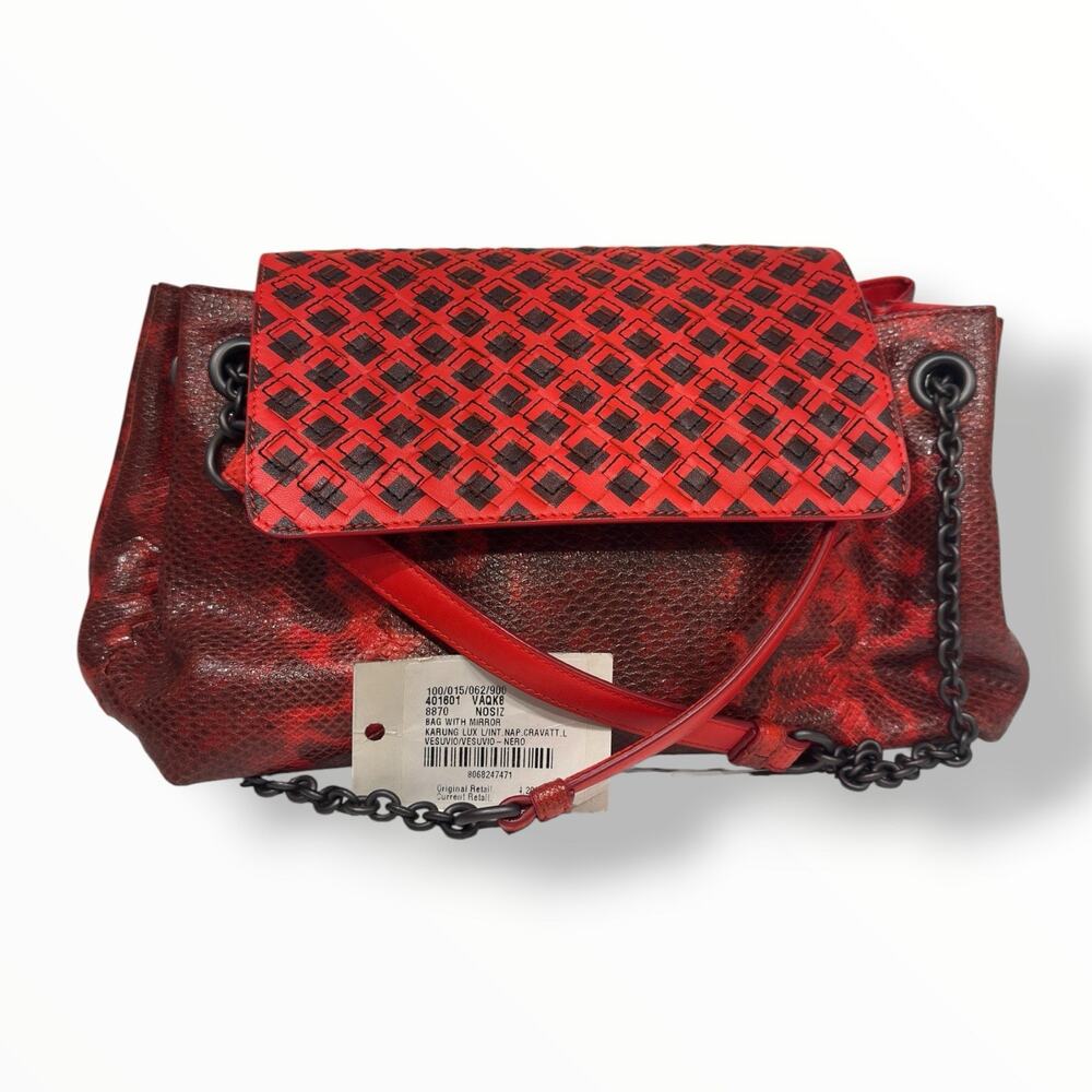 Python Leather Red Shoulder Bag With Chain Strap - Picture 2 of 12